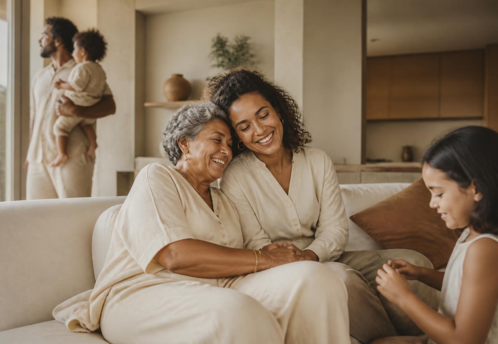 Família brasileira em casa, em luz natural
