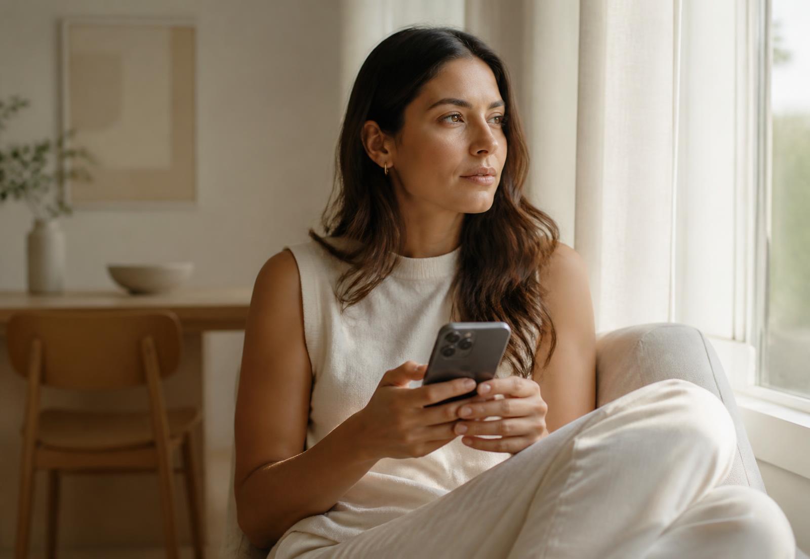 Mulher fotografando um exame com o celular em casa