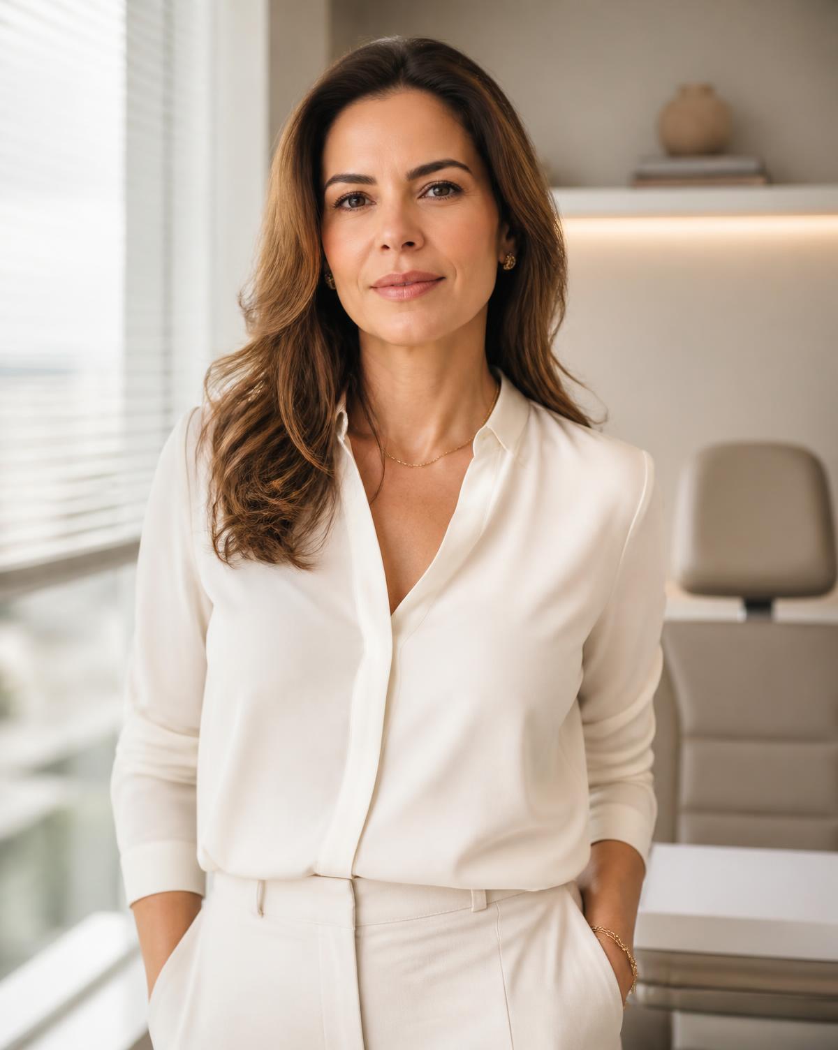 Médica brasileira em consultório claro e minimalista